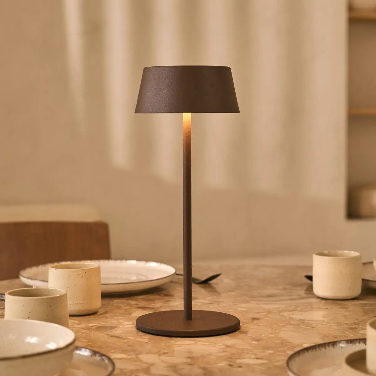 Sero mocha brown metal rechargeable cordless table lamp