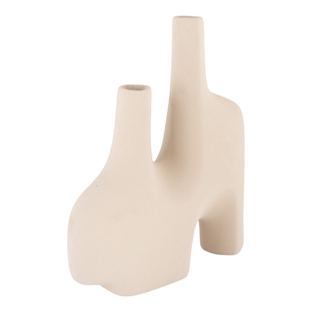 Aeris sculptural vase with flowers at both openings on shelf