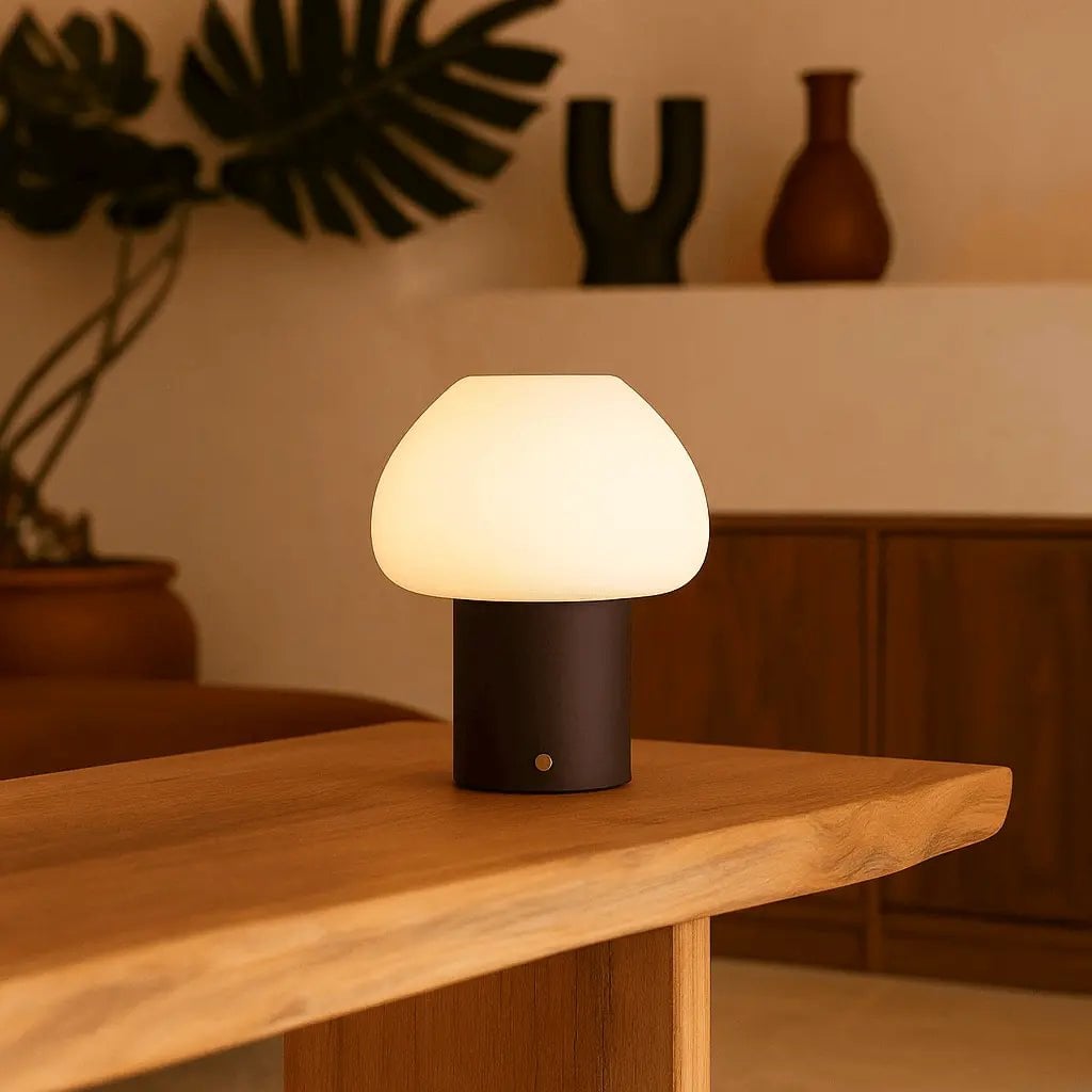 Fynn Dark Brown Wood & Glass Cordless Table Lamp