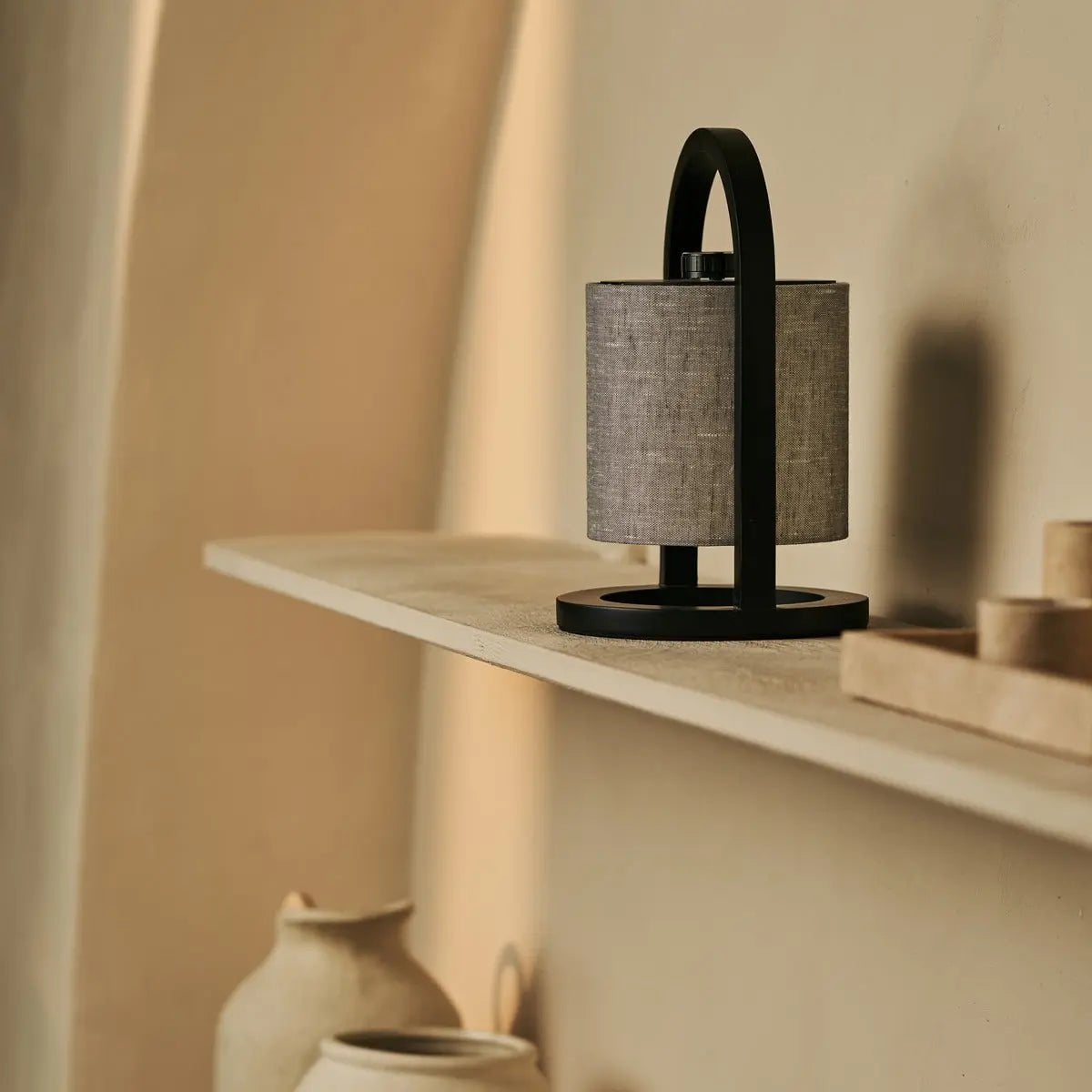 River Black & Grey Wood & Linen Cordless Table Lamp