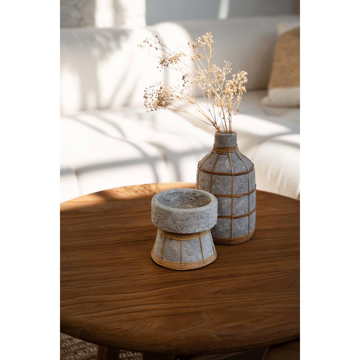 Whoopy Natural Concrete & Rattan Vase