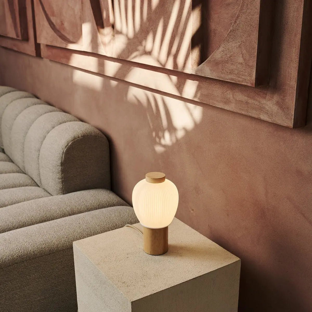 Lot light brown wood matte glass corded table lamp