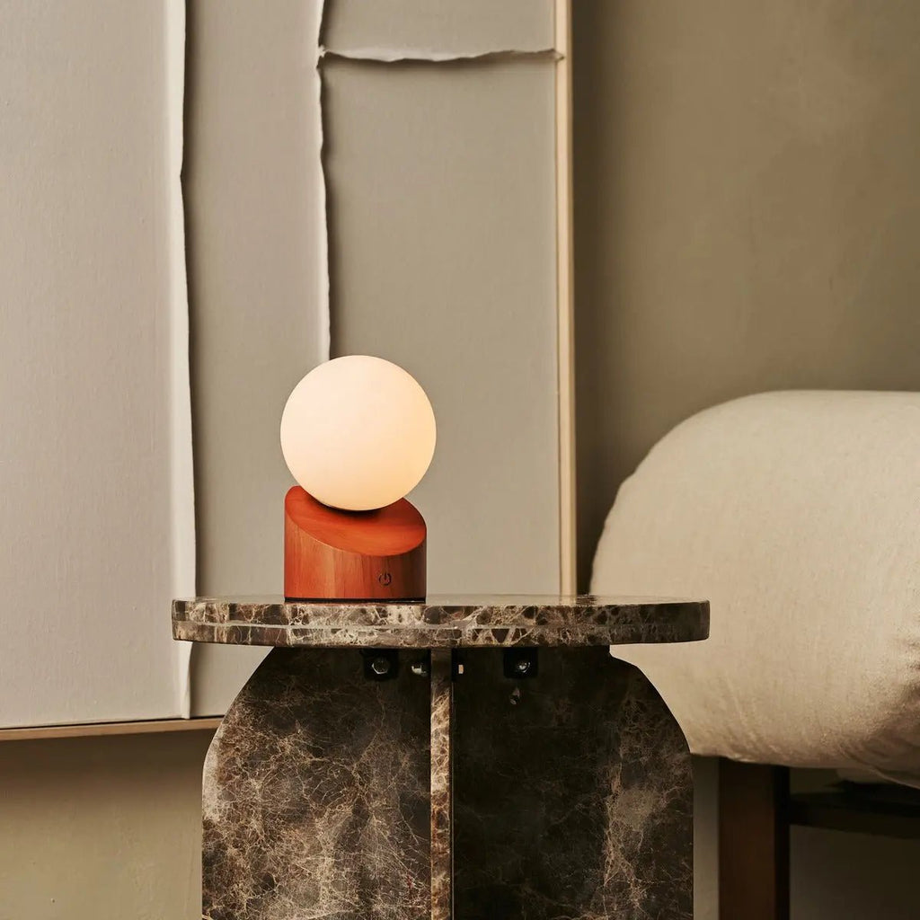 Morris wood glass lamp touch-dim close-up