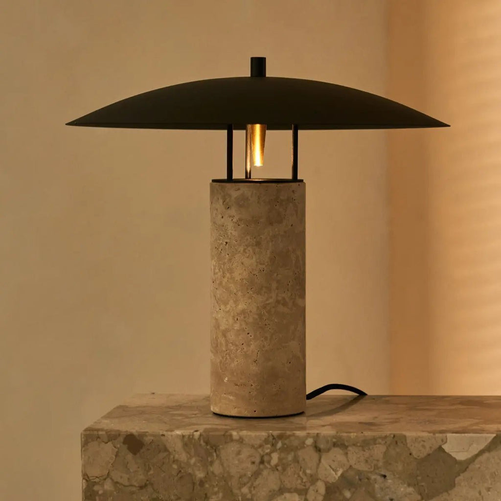 Nicolaas travertine metal corded table lamp downward light