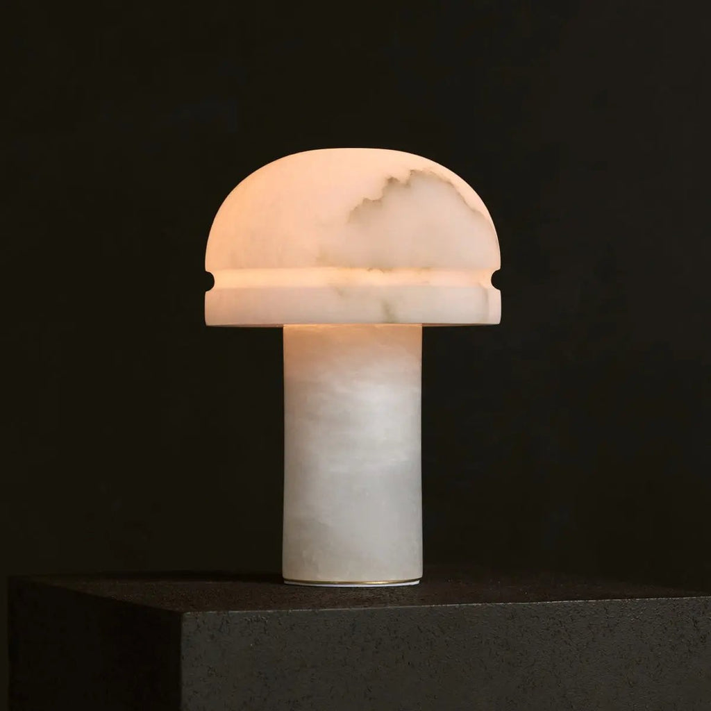 Leonardo alabaster lamp warm glow in living room setting