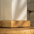 Zayn cordless lamp side view showing rubberwood base and glass shade