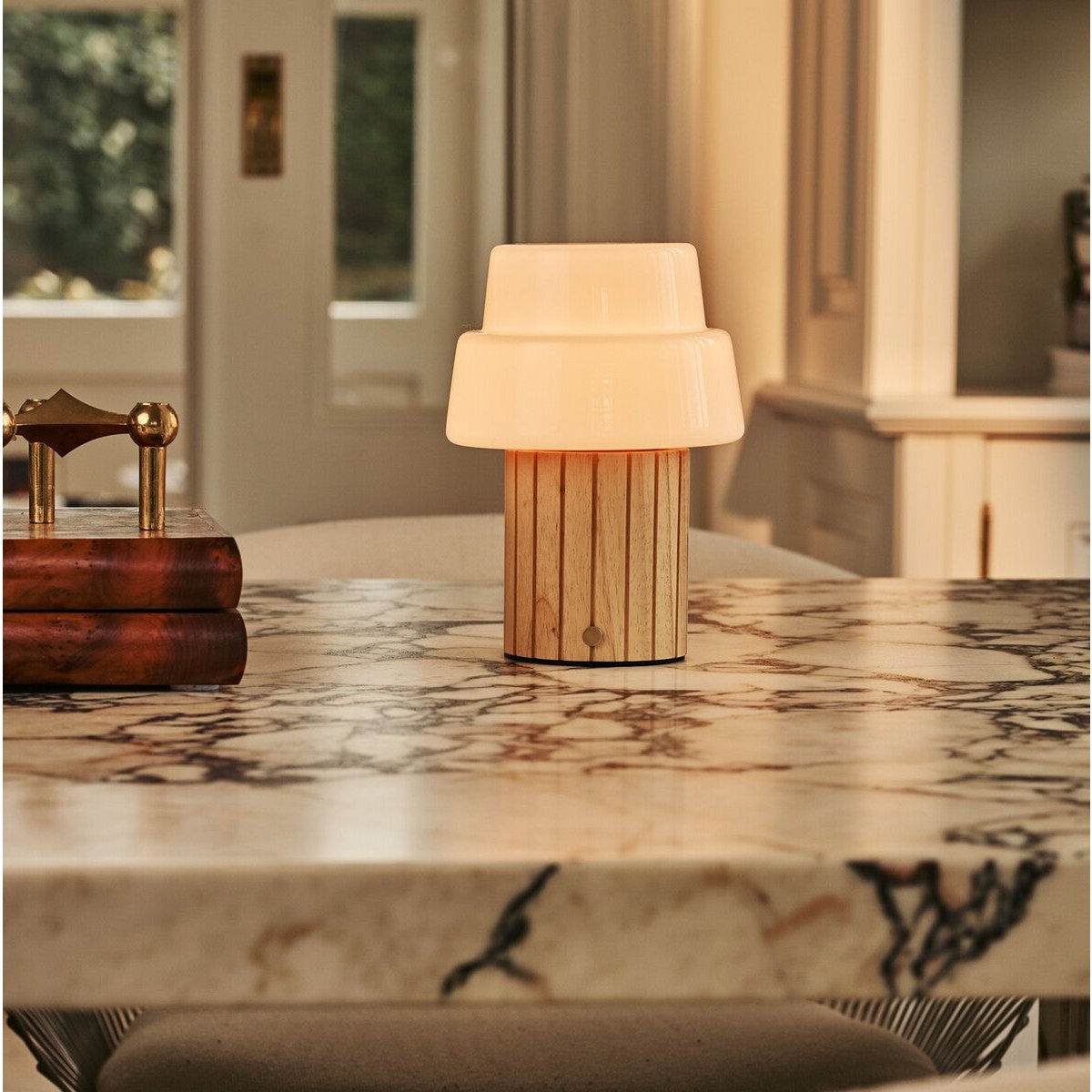 Lio Light Brown Wood & Glass Cordless Table Lamp
