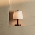 Rover Chestnut Brown Rubberwood Cordless Table Lamp with Linen Shade