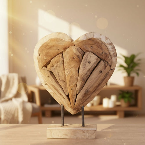 Almada natural teak heart sculpture handcrafted