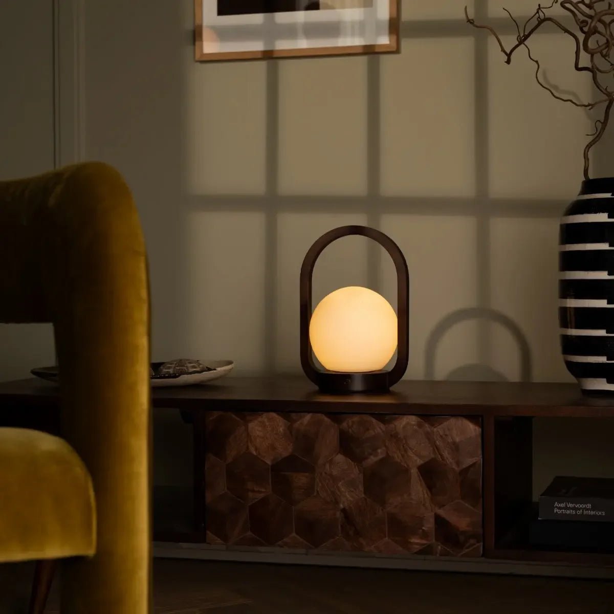 Skye cordless lamp detail of dark rubberwood and linen shade