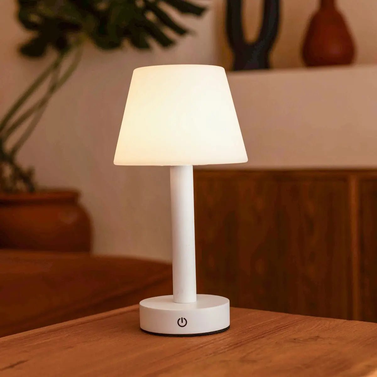 Zoe white wood rechargeable cordless table lamp