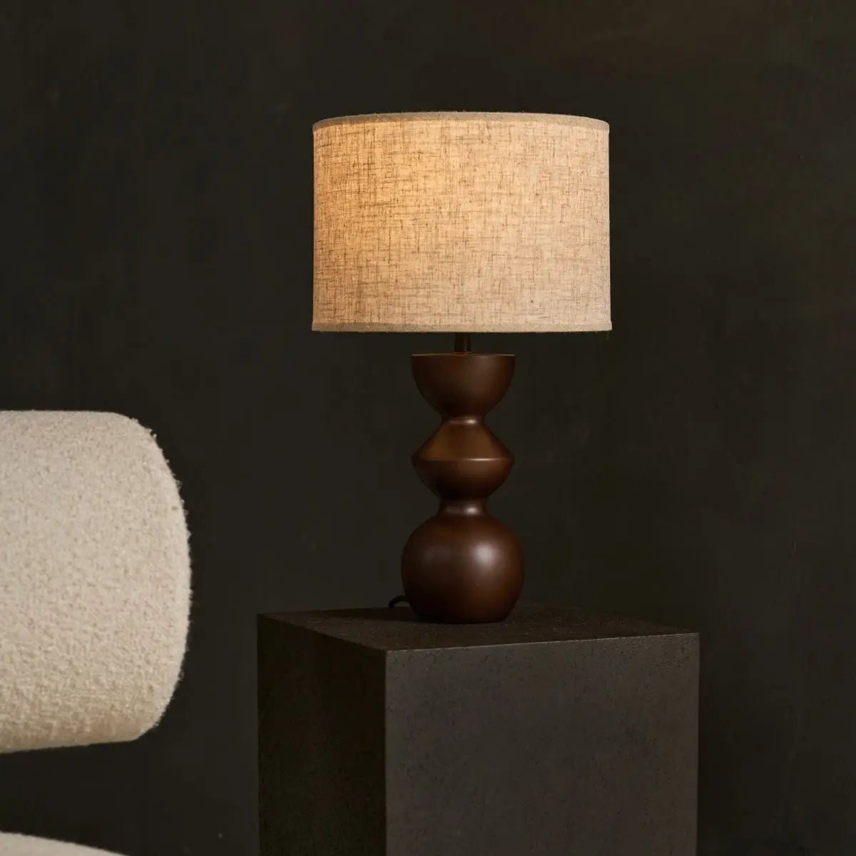 Miro dark brown wood corded table lamp with sand fabric shade