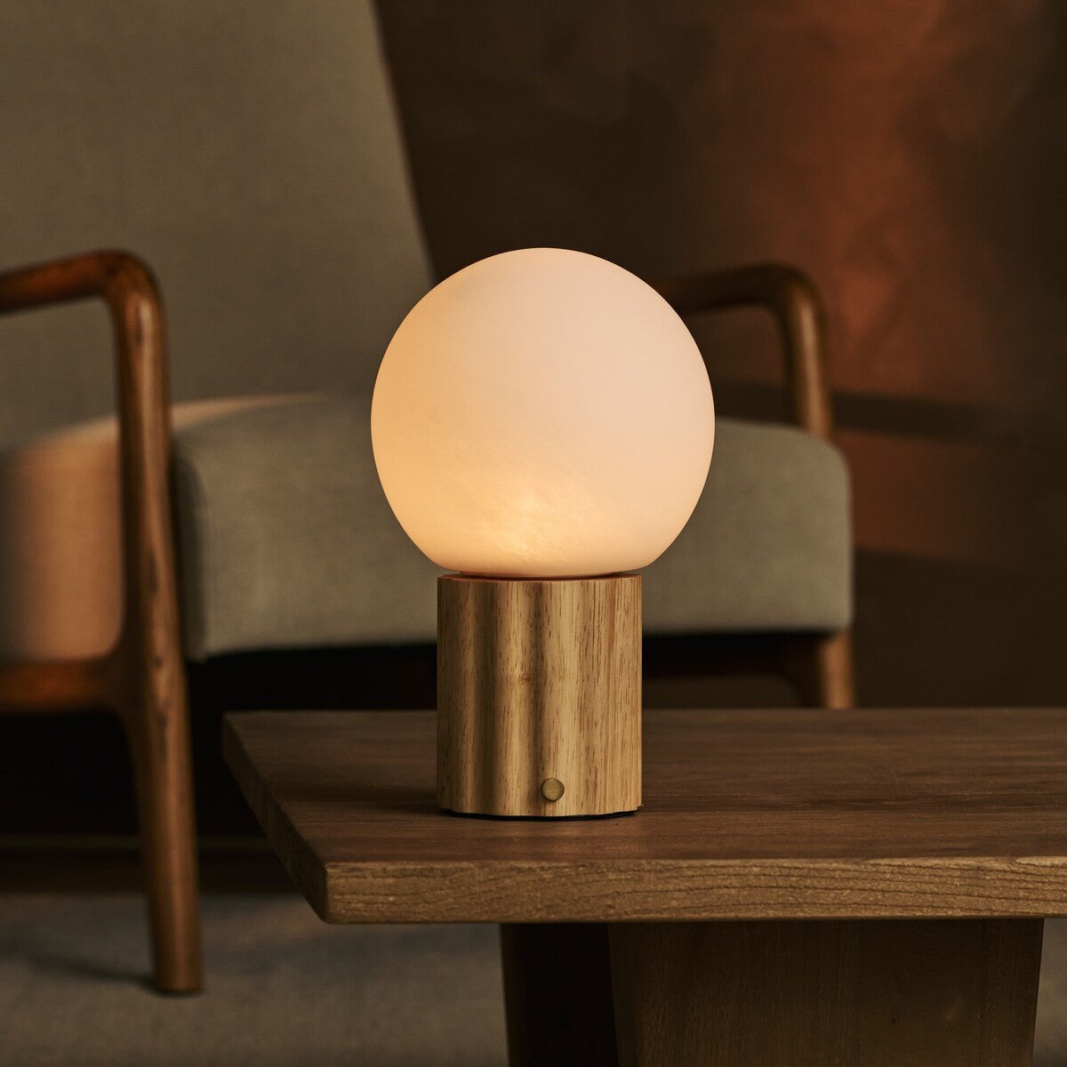 Wim Light Brown Wood & Glass Cordless Table Lamp