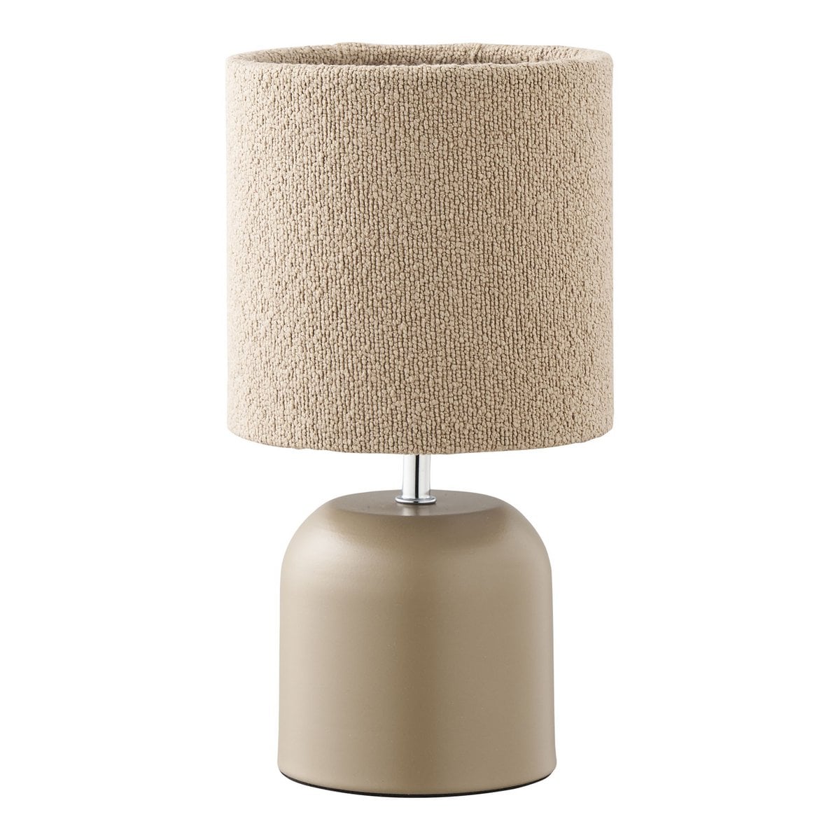 Morley table lamp side view showing grey metal base and plush shade