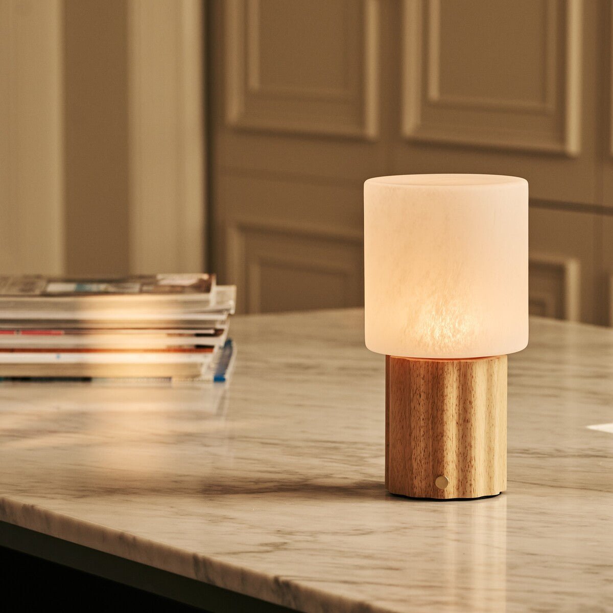 Frank Light Brown Wood & Glass Cordless Table Lamp