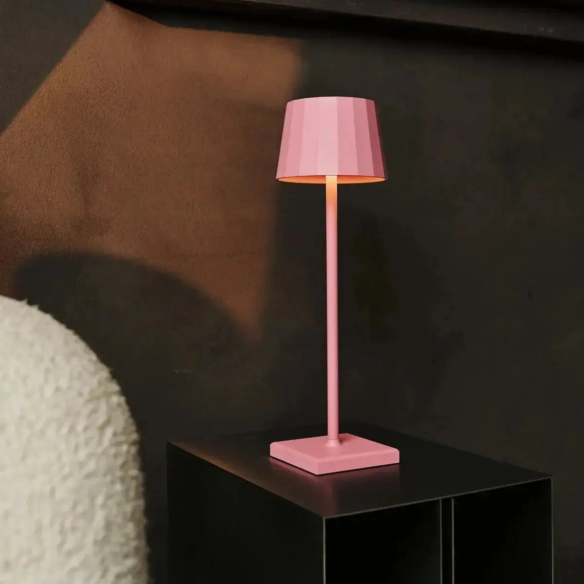 Ines flamingo pink metal rechargeable cordless table lamp