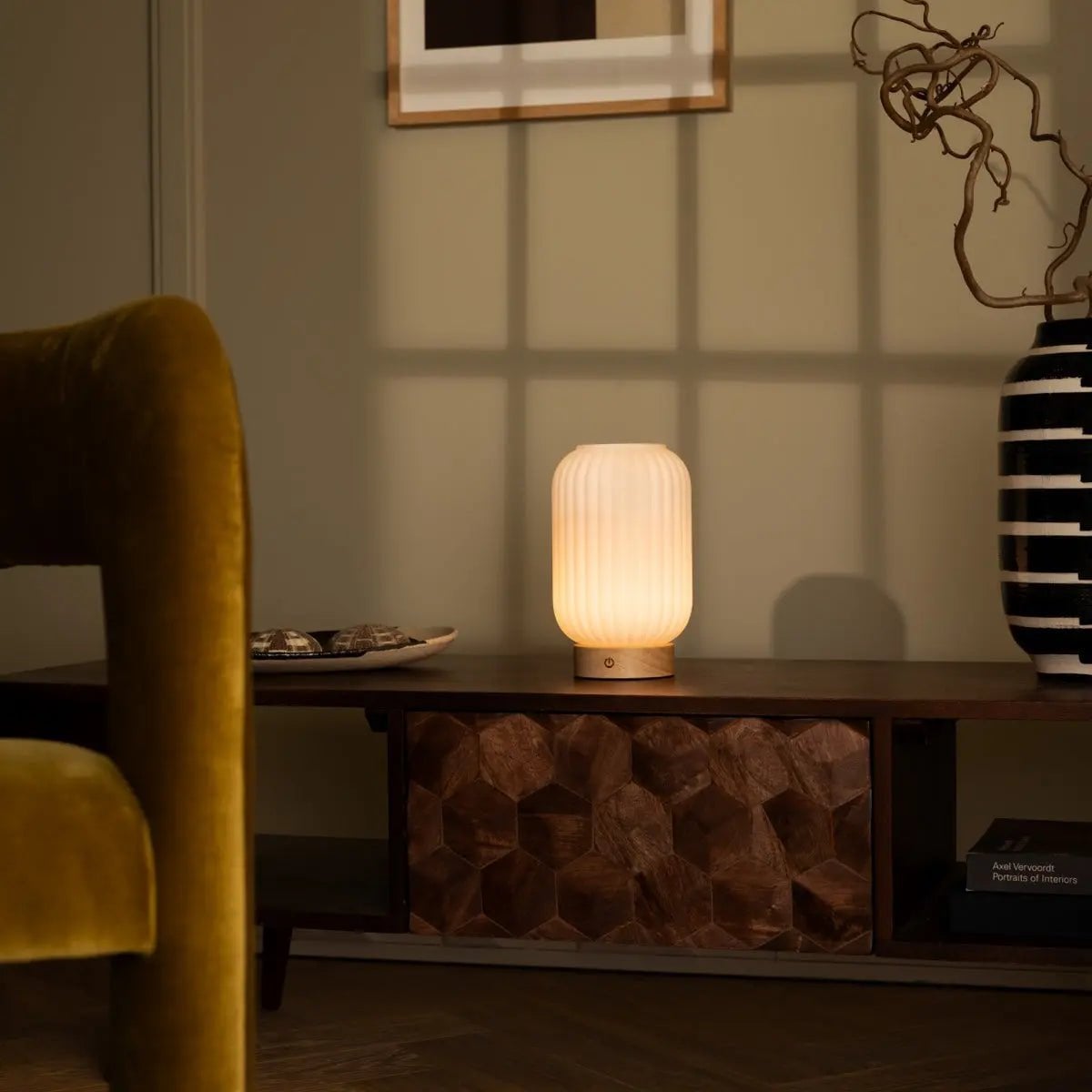 Lilly Light Brown Wood & Glass Cordless Table Lamp