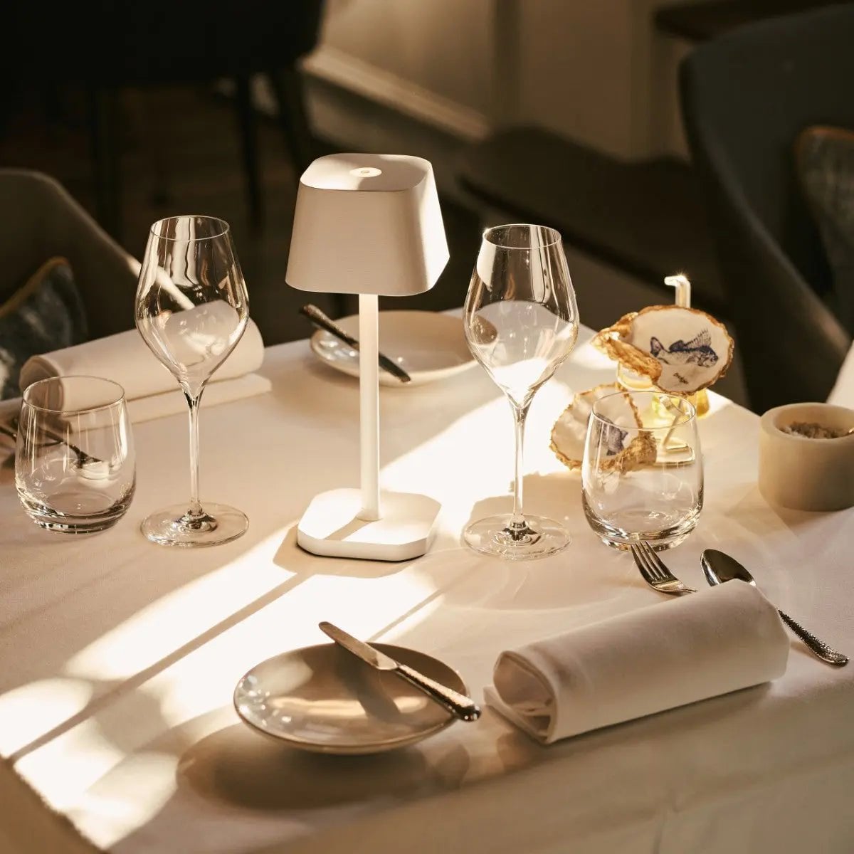 Orla cordless lamp detail of white metal finish