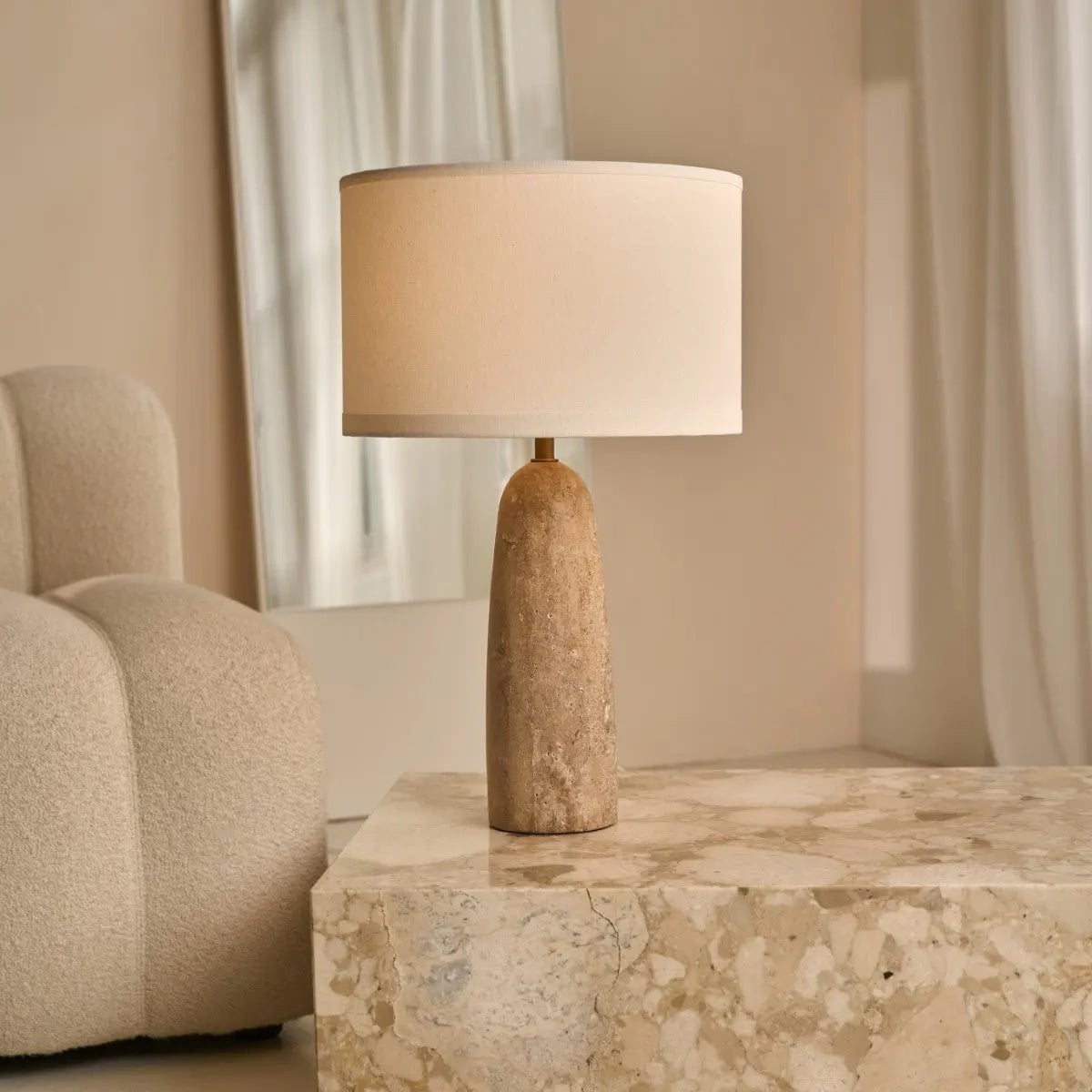 Serena travertine lamp detail of unique natural stone variation