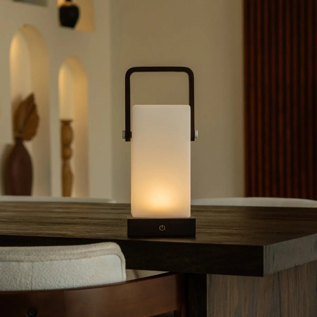Harper dark wood lamp in restaurant table setting