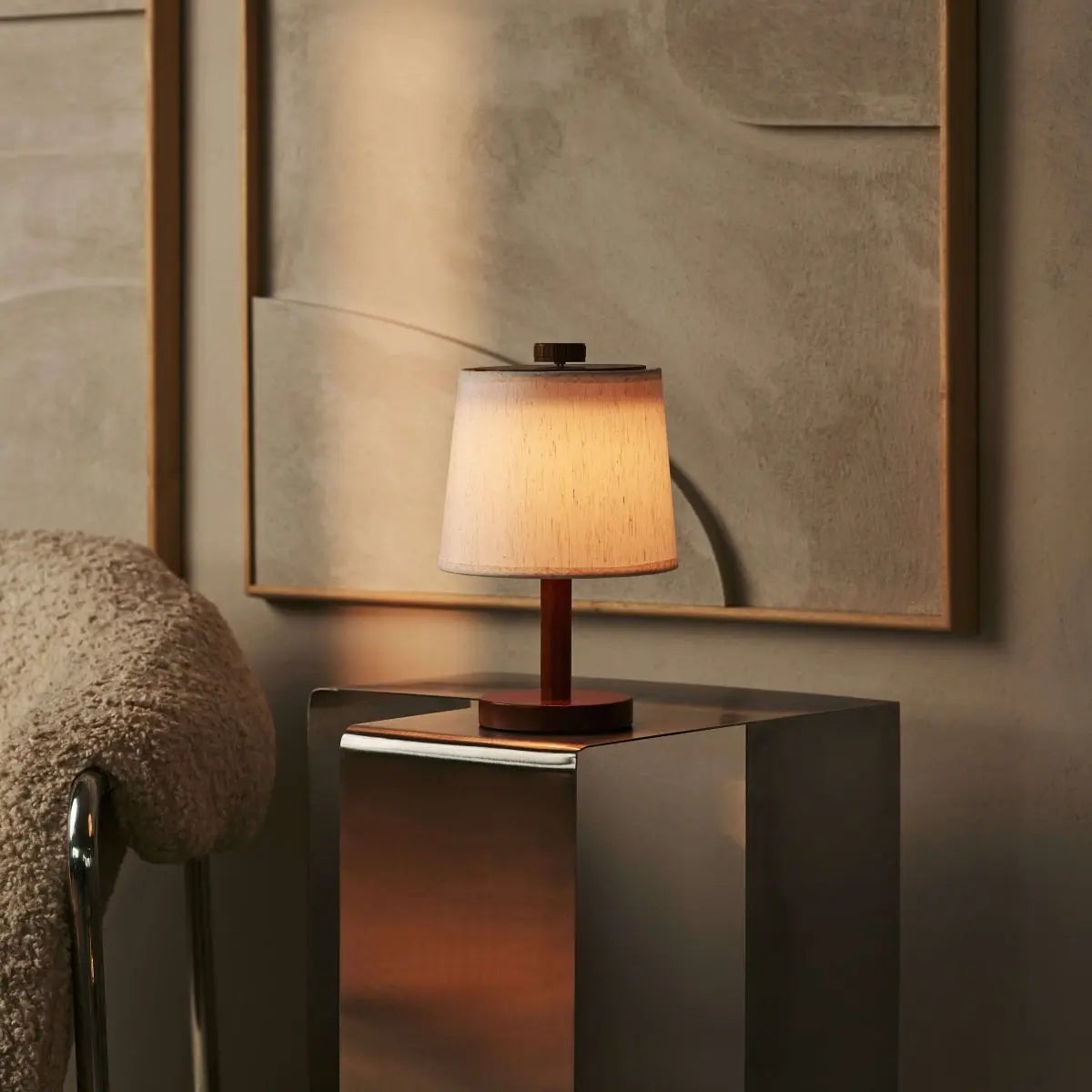 Rover Chestnut Brown Rubberwood Cordless Table Lamp with Linen Shade