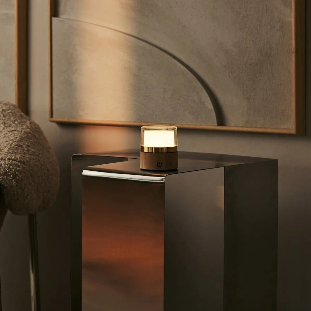 Leo compact cordless lamp side view showing rubberwood body