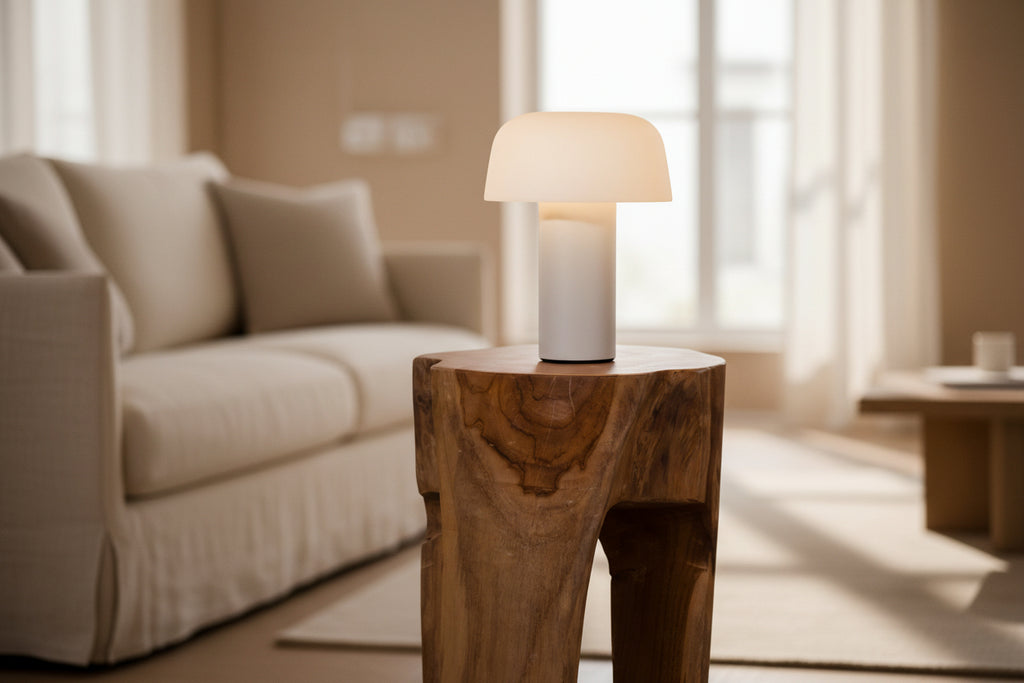 Rose teak stool side view showing natural wood grain and form