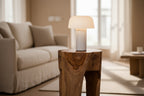 Rose teak stool side view showing natural wood grain and form