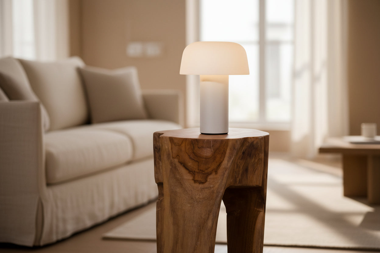 Rose teak stool side view showing natural wood grain and form