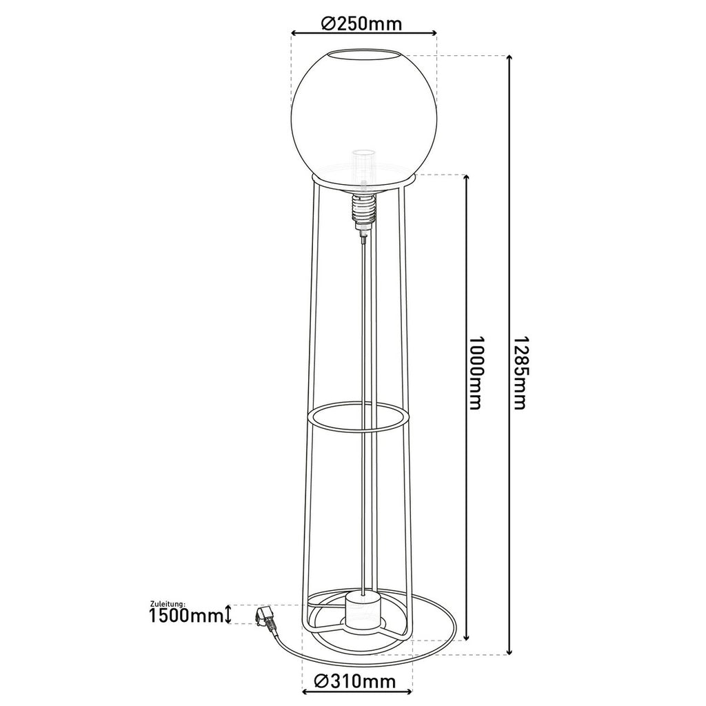 Technical drawing of a floor lamp with dimensions on a white background