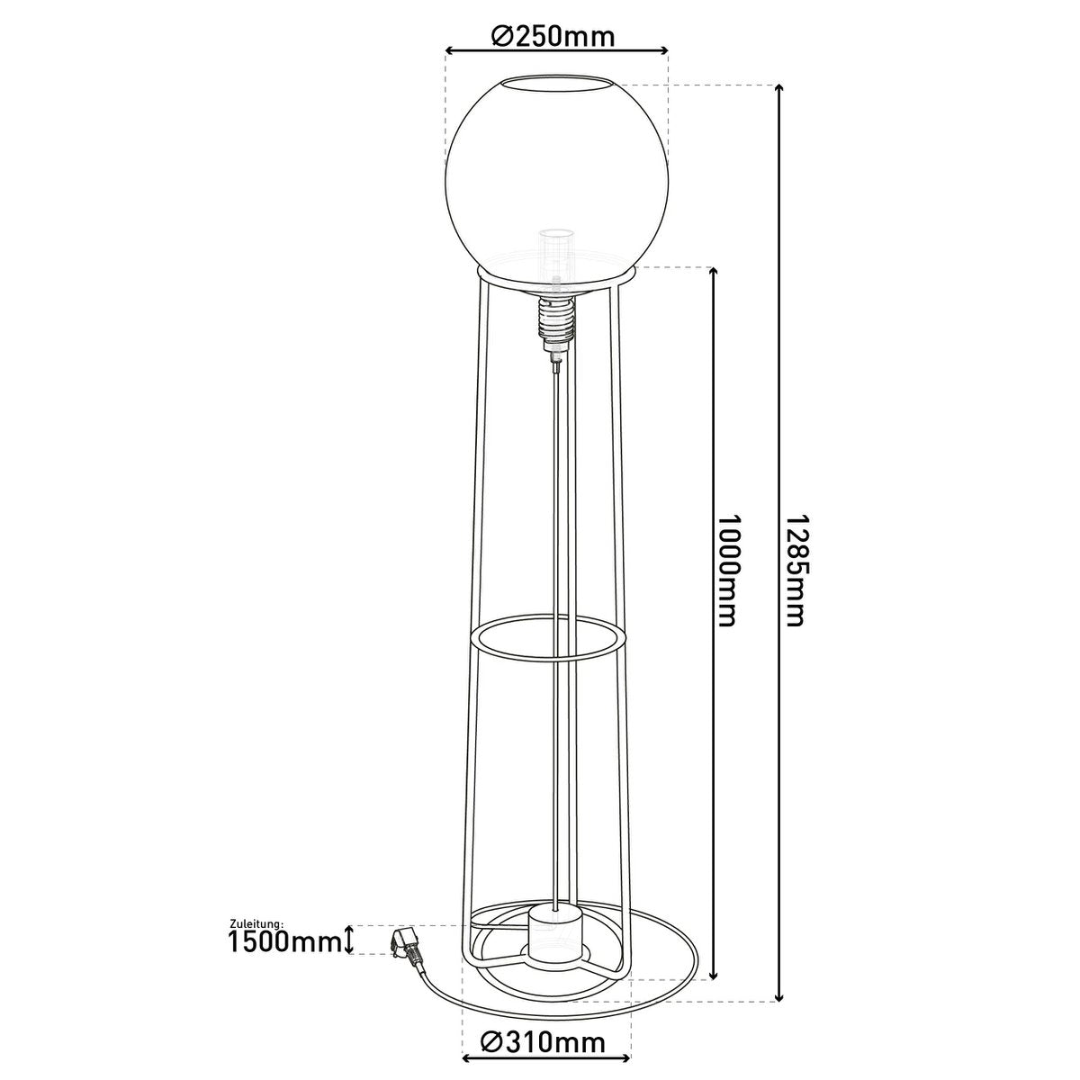 Technical drawing of a floor lamp with dimensions on a white background