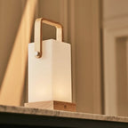 Harper Tower cordless lamp side view showing tall rubberwood form