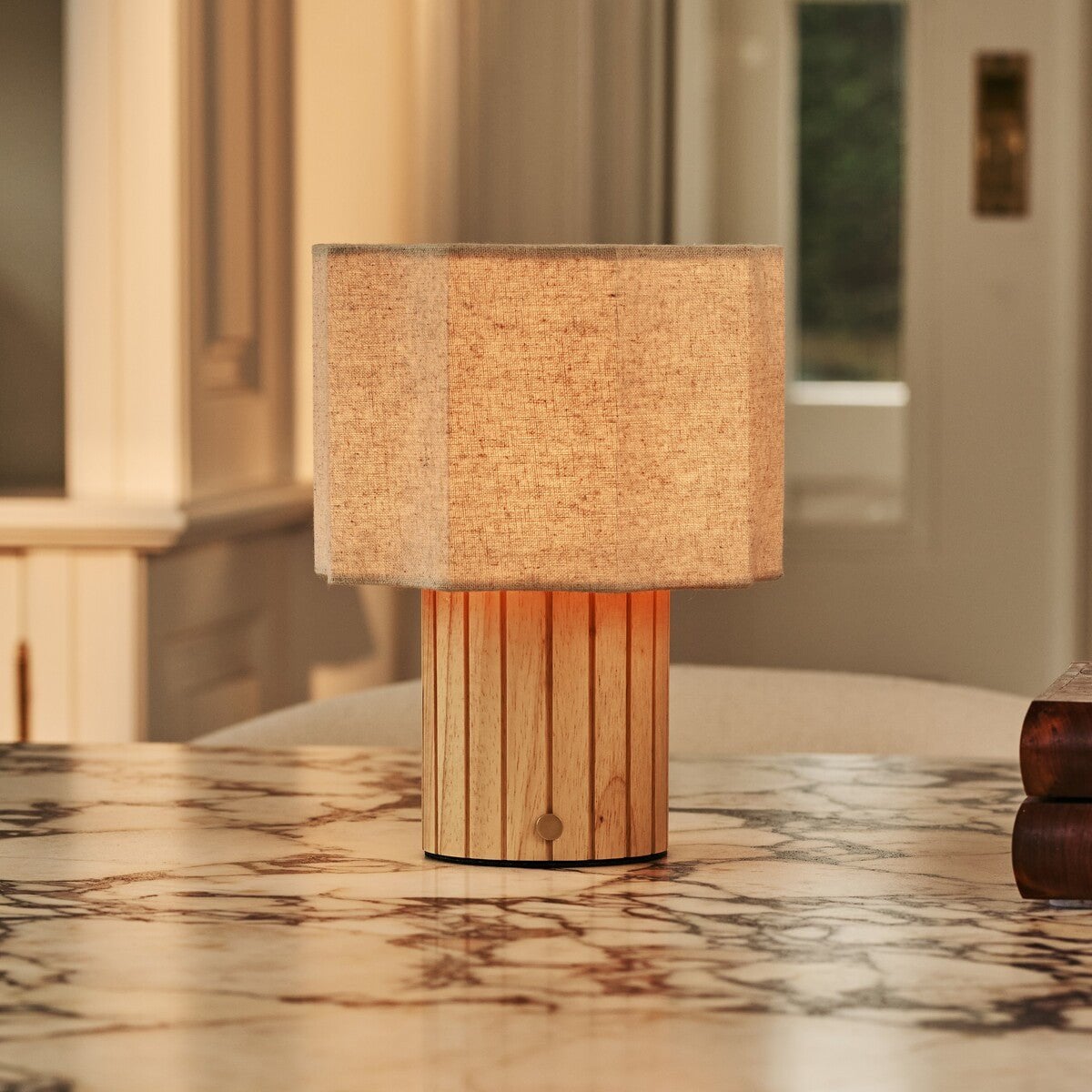 Channa Light Brown Wood & Linen Cordless Table Lamp