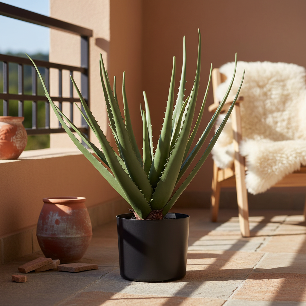 Realistic artificial Aloe Vera plant on a sheltered balcony with warm afternoon light and terracotta nearby