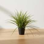 Realistic artificial grass plant on oak surface with soft daylight and clean off-white background