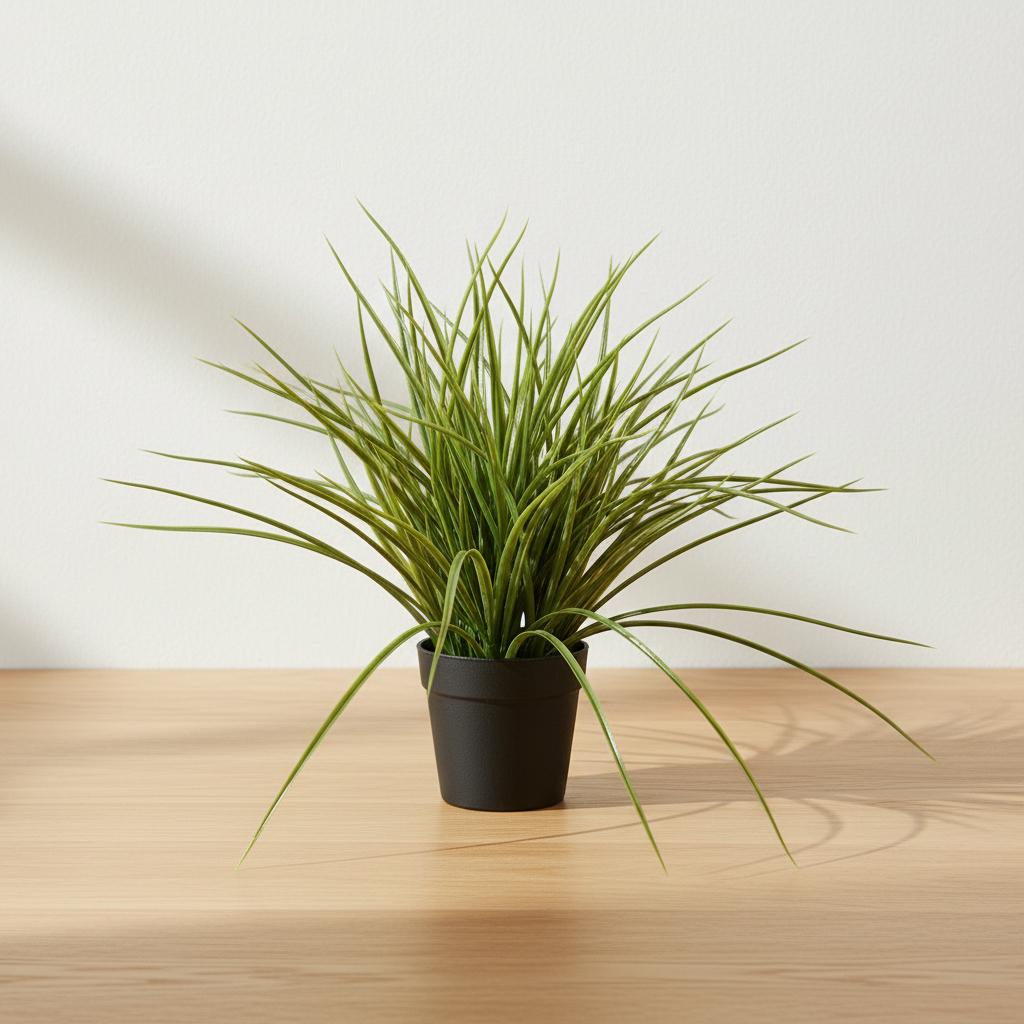 Realistic artificial grass plant on oak surface with soft daylight and clean off-white background