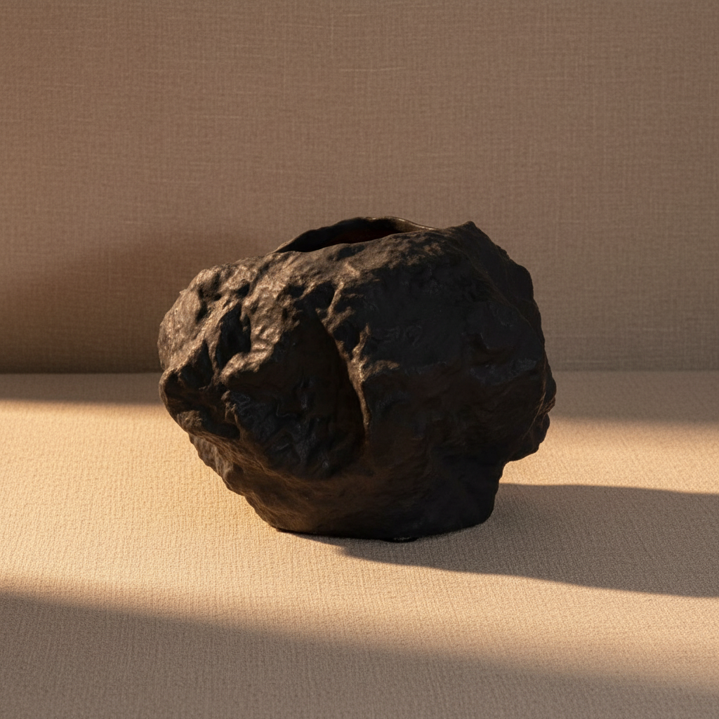 Close-up of the matte black rock-like surface of the Chu ceramic vase on a sand linen surface