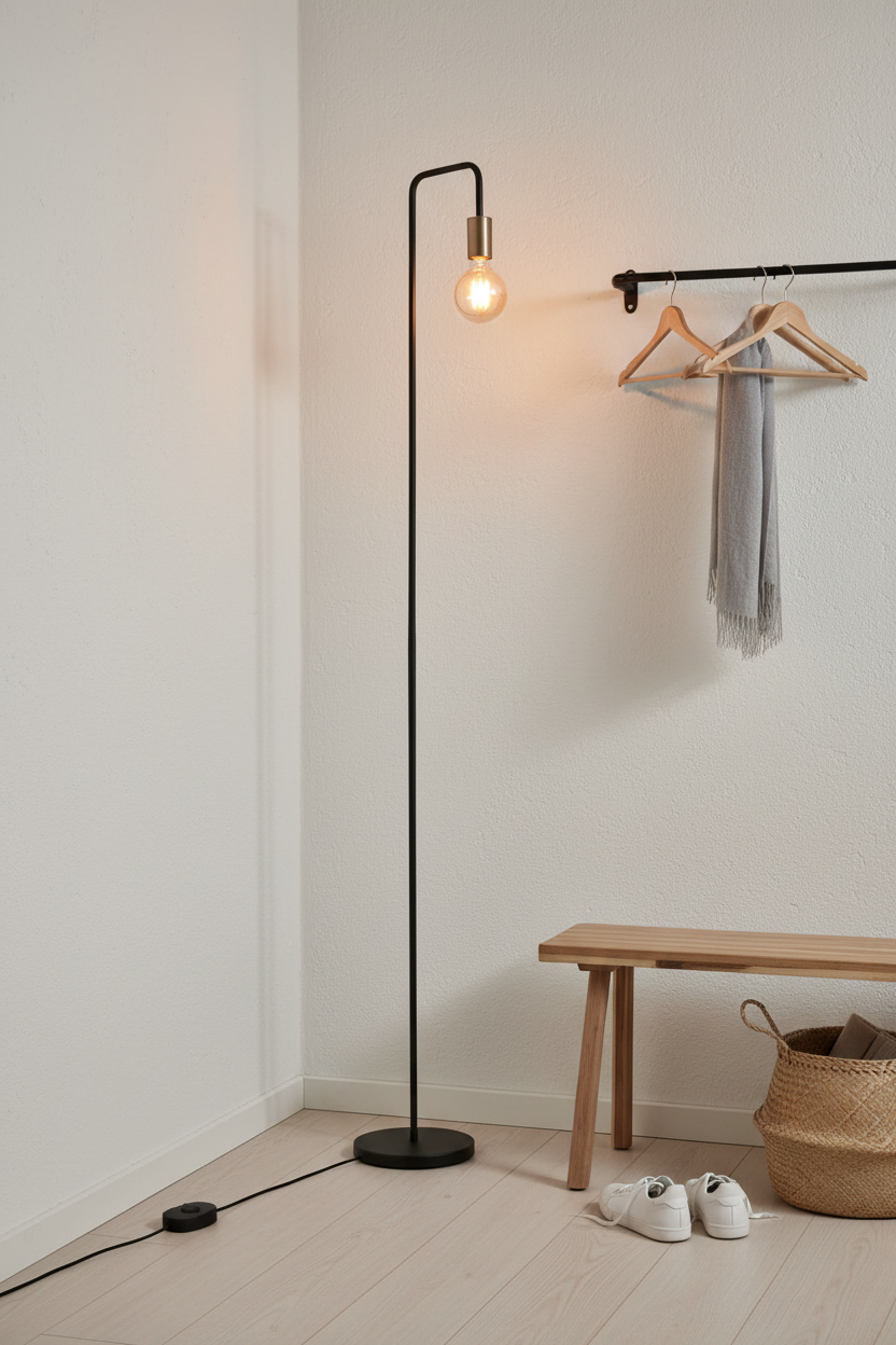 Modo black floor lamp in hallway corner beside coat rack and wooden bench
