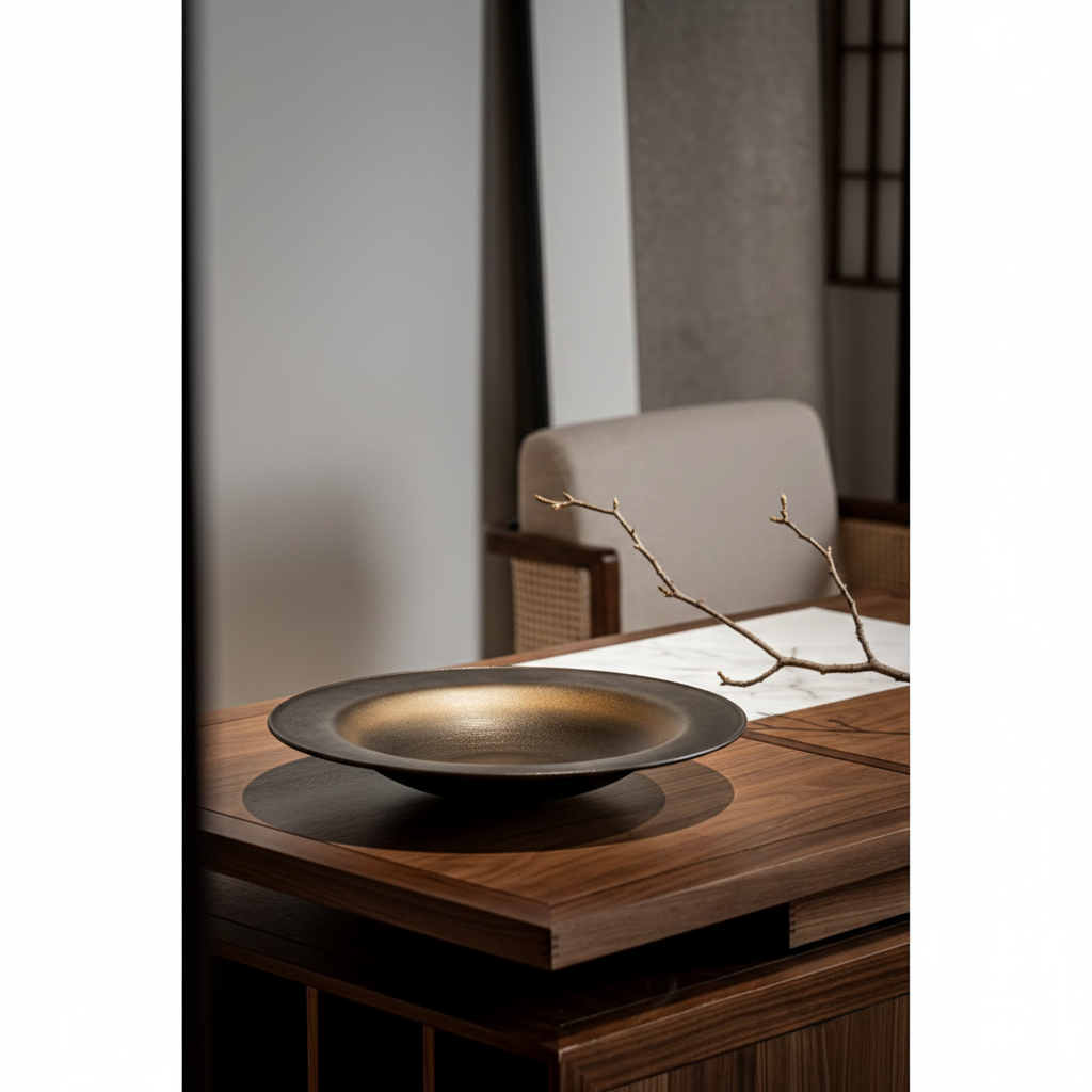 ULFUR ceramic flat bowl in bronze to black glaze on dark oak surface in warm Nordic-Japanese interior with bare branch