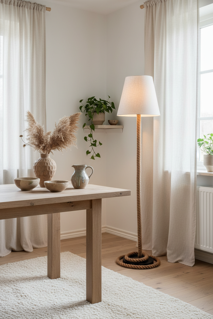 Touw jute rope floor lamp in dining room corner beside wooden table with ceramics