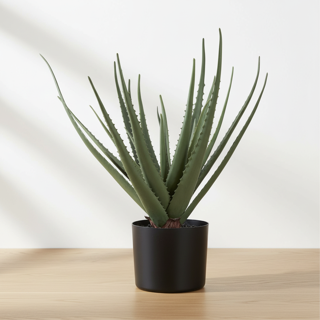Realistic artificial Aloe Vera plant on oak surface with soft daylight and clean off-white background