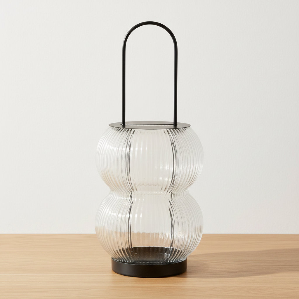 Lucena black metal ribbed glass lantern on oak surface with soft daylight and clean off-white background