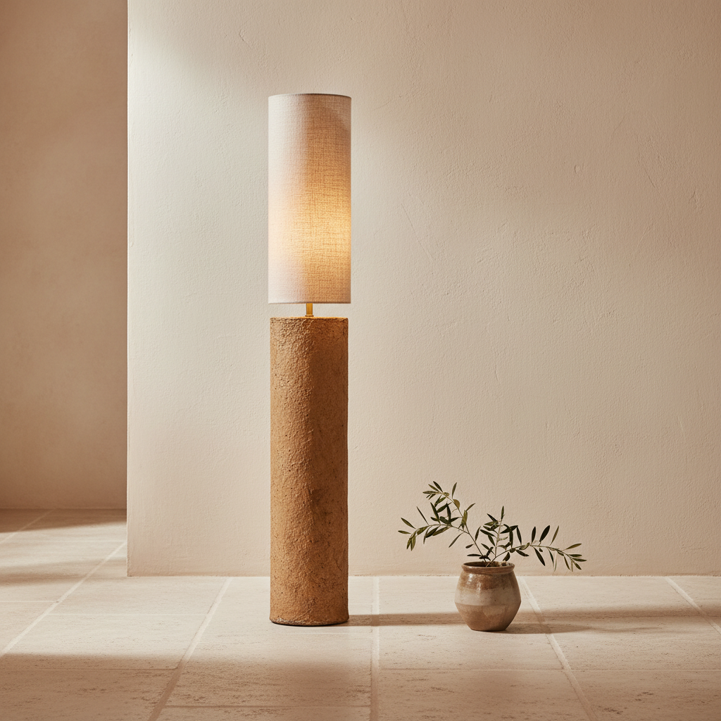 Totem Mud Floor Lamp staand op stenen vloer tegen limewash muur