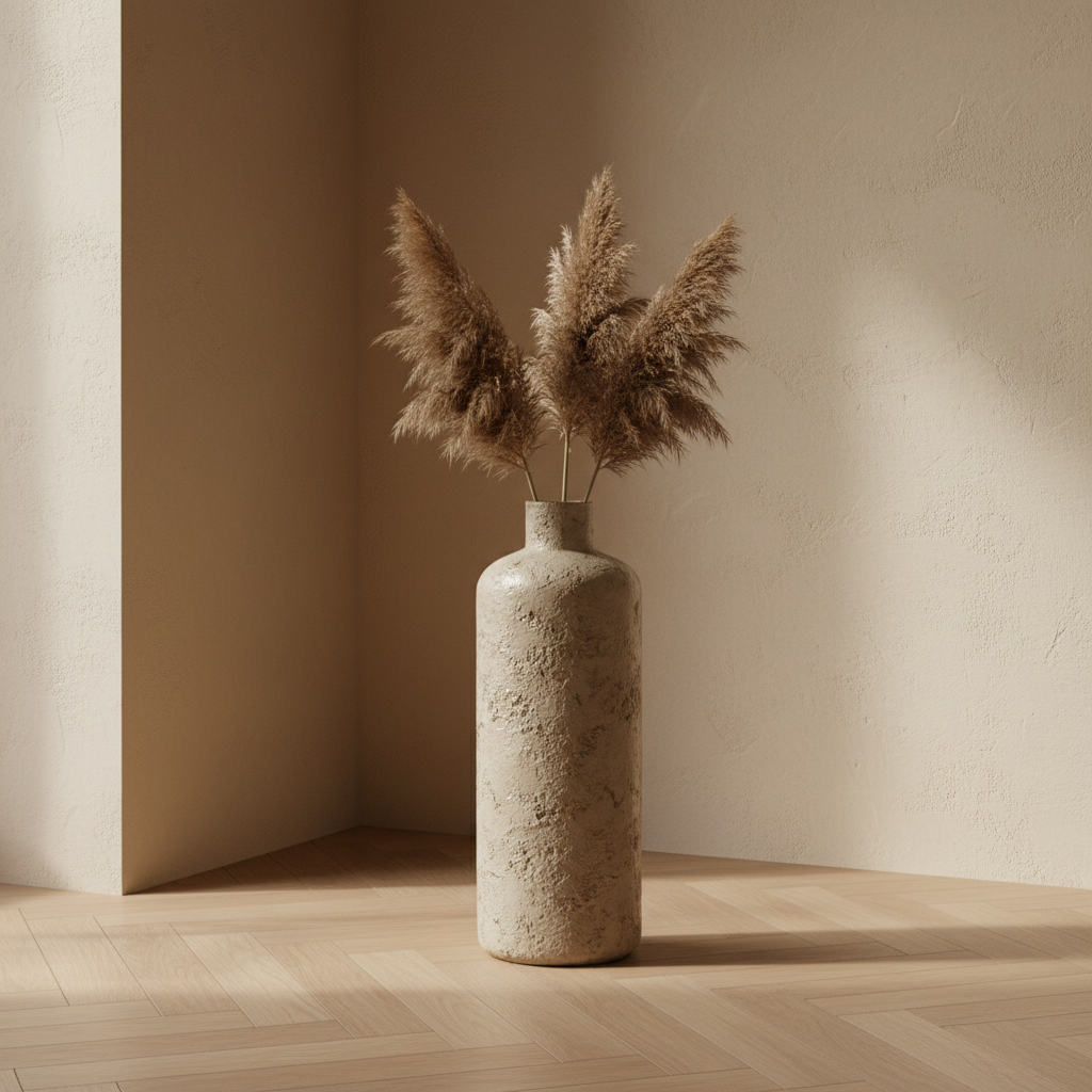 Hou Floor Vase Antique Beige Metal standing on oak floor with limewash wall and pampas grass