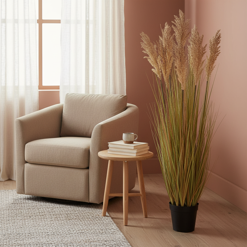 Tall artificial sorghum grass plant beside a sofa in a warm Nordic interior with soft natural light