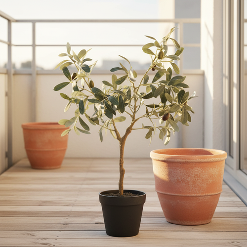 Realistic artificial olive tree on a sheltered balcony with warm afternoon light and terracotta pot nearby