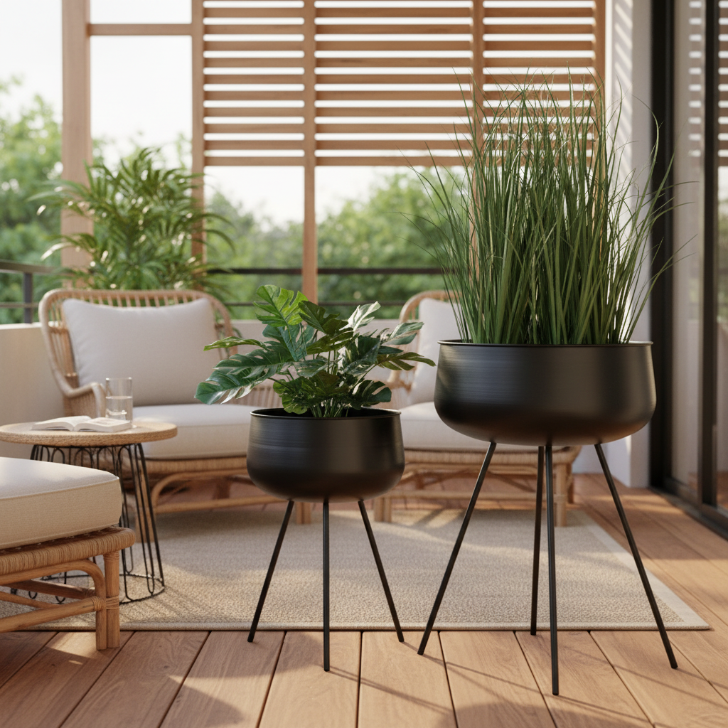 Set of two black steel Ardola plant pots on a sheltered balcony with warm afternoon light and rattan furniture