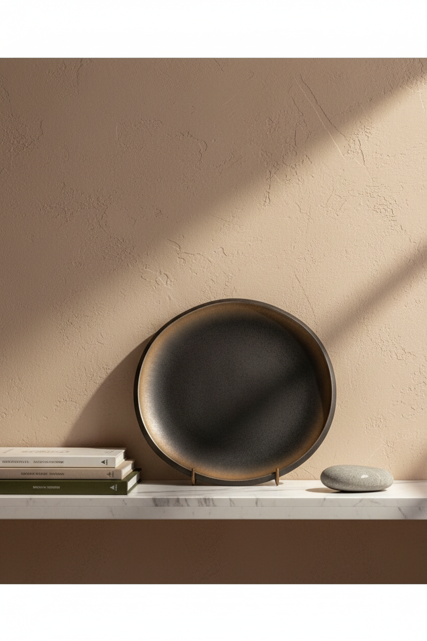 Bronze-to-black ceramic plate leaning upright on a marble shelf with art books and a smooth stone