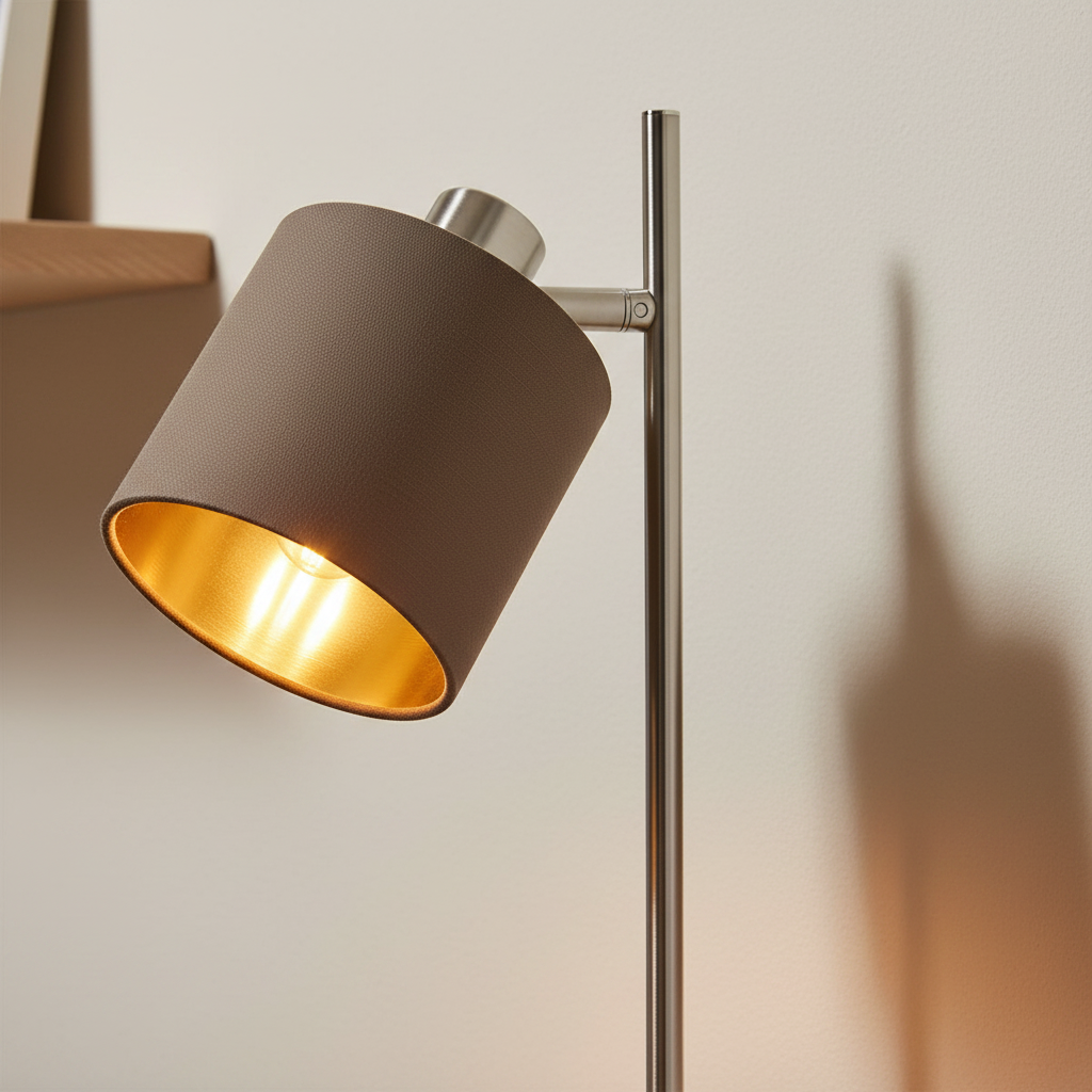 Maron lamp close-up detail of taupe fabric shade with warm gold interior glow