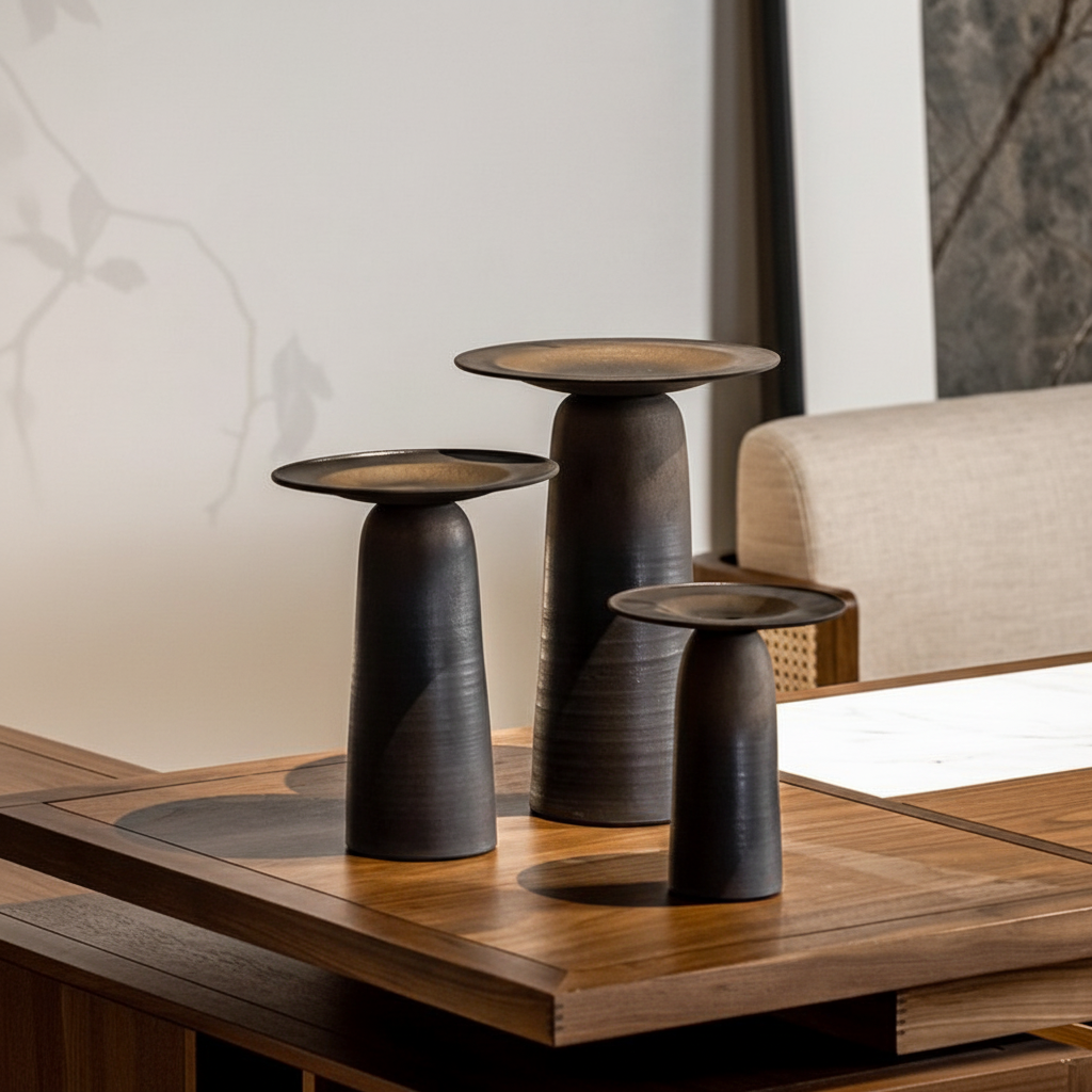 Multiple ULFUR ceramic vases in different sizes grouped on a dark oak table in a warm moody interior
